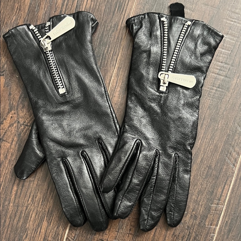 Michael Kors Black Leather Gloves with Silver Zippers